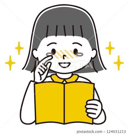 一個女孩在讀書的插圖，感動得流淚，黑髮 124031213