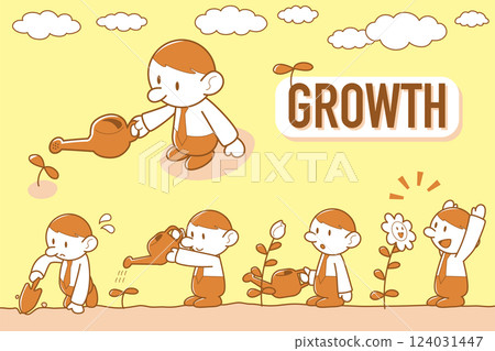 一位男性角色用噴壺給植物幼苗澆水的向量插圖,描繪了植物生長直至綻放成花的過程 一位男性角色用噴壺給植物幼苗澆水的向量插圖,描繪了植物生長直至綻放成花的過程 124031447