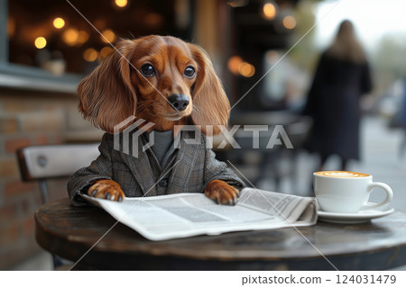 Morning at a cafe with a dachshund dog in a suit reading a newspaper Morning at a cafe with a dachshund dog in a suit reading a newspaper 124031479