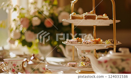 Elegant table setting for tea party with cakes and cupcakes in English manor. Selective focus. Vintage style 124031586