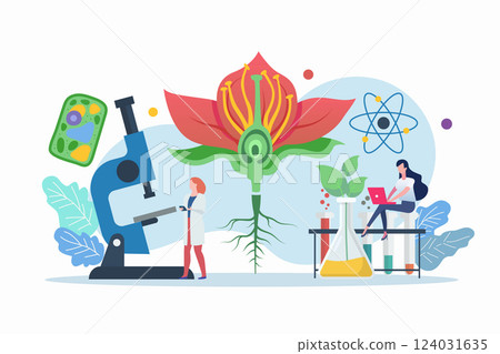 Science lab and school class. Biology scene with miniature people. Science lab and school class. Biology scene with miniature people. 124031635
