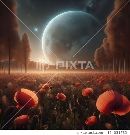 A digital photograph of big moon, view from earth trough a growing poppy. A digital photograph of big moon, view from earth trough a growing poppy. 124031783