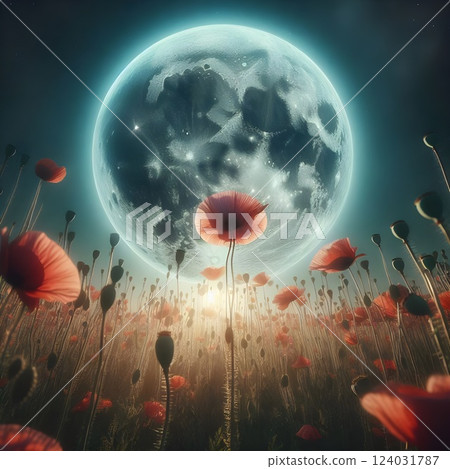 A digital photograph of big moon, view from earth trough a growing poppy. 124031787