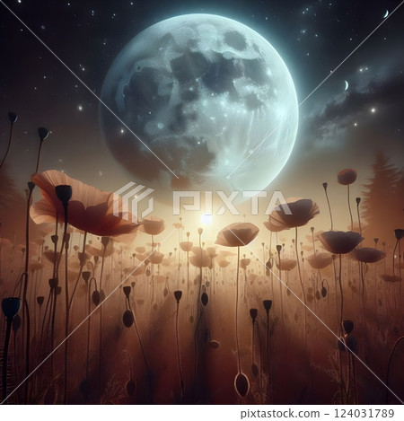 A digital photograph of big moon, view from earth trough a growing poppy. A digital photograph of big moon, view from earth trough a growing poppy. 124031789