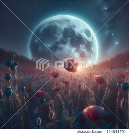 A digital photograph of big moon, view from earth trough a growing poppy. A digital photograph of big moon, view from earth trough a growing poppy. 124031791