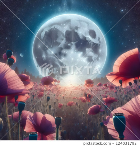A digital photograph of big moon, view from earth trough a growing poppy. A digital photograph of big moon, view from earth trough a growing poppy. 124031792