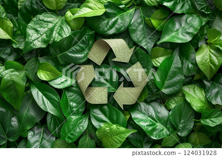 Green recycling symbol on a background of leaves 124031928