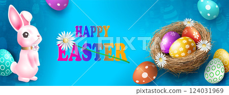 Illustration with Easter eggs in a straw nest and a cute pink bunny 124031969