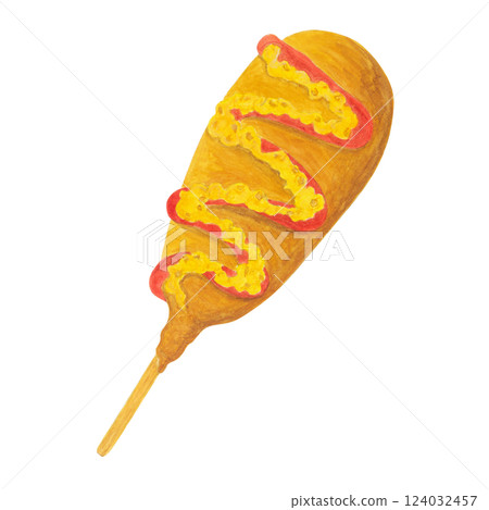 Watercolor illustration of a corndog with ketchup and mustard 124032457