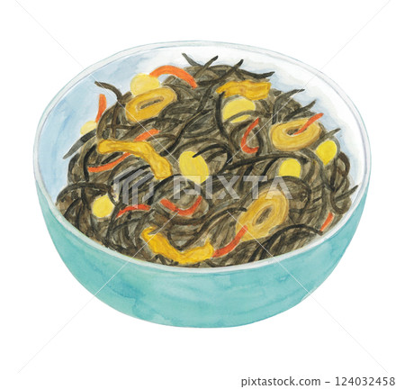 Watercolor illustration of boiled hijiki seaweed Watercolor illustration of boiled hijiki seaweed 124032458
