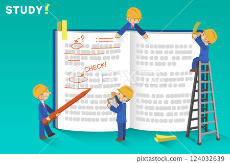 A vector illustration of male characters in suits wearing helmets studying in front of large books A vector illustration of male characters in suits wearing helmets studying in front of large books 124032639