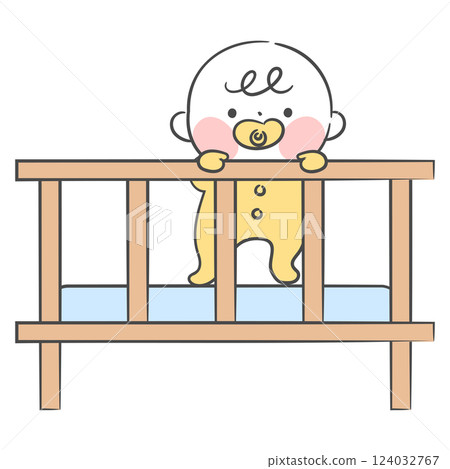Illustration of a baby standing in bed 124032767