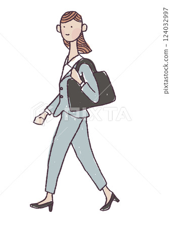 一位穿著西裝、肩上背著包包的女人正在行走的插圖 一位穿著西裝、肩上背著包包的女人正在行走的插圖 124032997