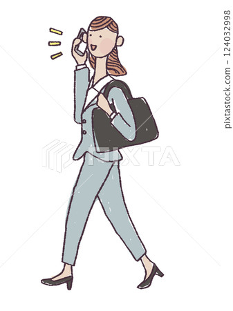 Illustration of a woman in a suit walking while talking on a smartphone Illustration of a woman in a suit walking while talking on a smartphone 124032998