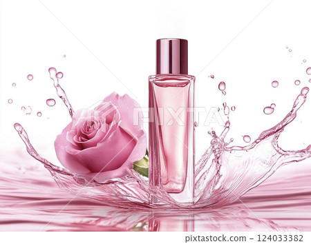 Rose flowers and cosmetic bottles floating in water AI image 124033382