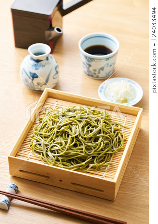 Green tea soba noodles served in a bamboo steamer Green tea soba noodles served in a bamboo steamer 124033494