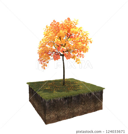 Autumn tree and soil cut under it. isolate on a transparent background, 3D illustration, cg render 124033671