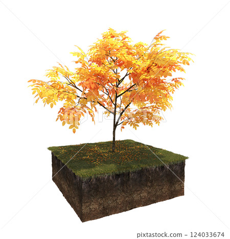Autumn tree and soil cut under it. isolate on a transparent background, 3D illustration, cg render 124033674