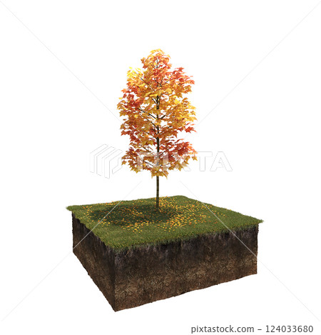 Autumn tree and soil cut under it. isolate on a transparent background, 3D illustration, cg render 124033680