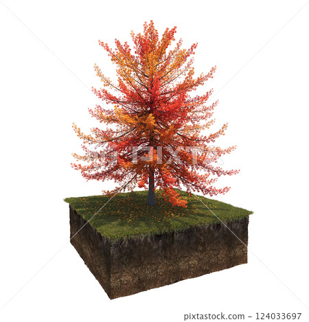 Autumn tree and soil cut under it. isolate on a transparent background, 3D illustration, cg render 124033697