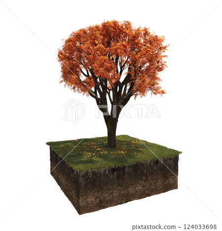 Autumn tree and soil cut under it. isolate on a transparent background, 3D illustration, cg render Autumn tree and soil cut under it. isolate on a transparent background, 3D illustration, cg render 124033698
