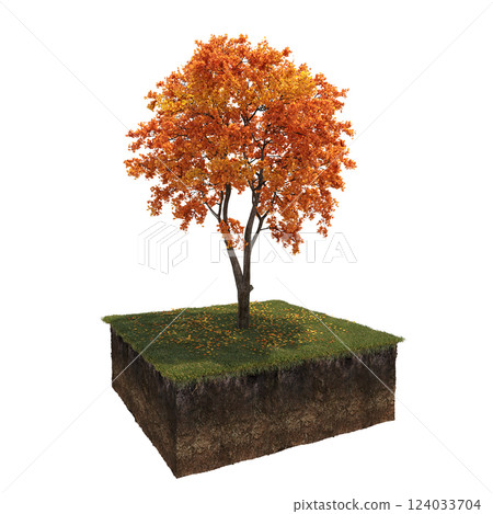 Autumn tree and soil cut under it. isolate on a transparent background, 3D illustration, cg render 124033704