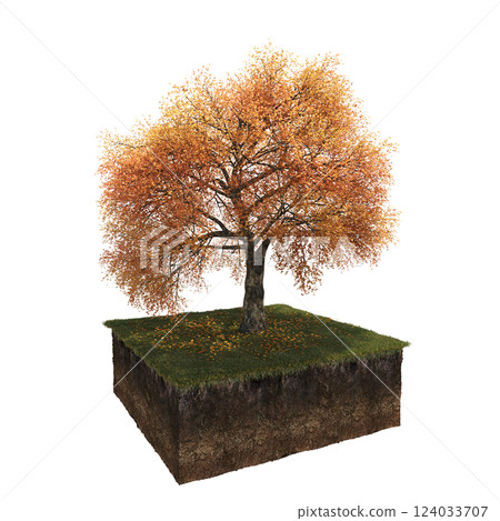 Autumn tree and soil cut under it. isolate on a transparent background, 3D illustration, cg render Autumn tree and soil cut under it. isolate on a transparent background, 3D illustration, cg render 124033707