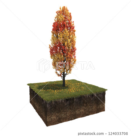Autumn tree and soil cut under it. isolate on a transparent background, 3D illustration, cg render Autumn tree and soil cut under it. isolate on a transparent background, 3D illustration, cg render 124033708