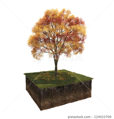 Autumn tree and soil cut under it. isolate on a transparent background, 3D illustration, cg render Autumn tree and soil cut under it. isolate on a transparent background, 3D illustration, cg render 124033709