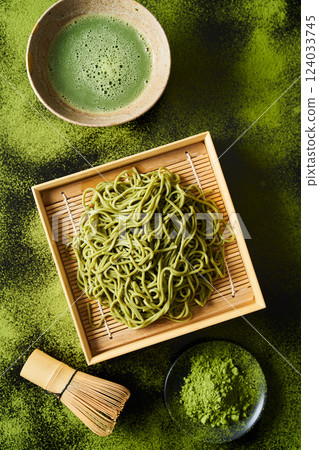 Green tea soba noodles served in a bamboo steamer Green tea soba noodles served in a bamboo steamer 124033745