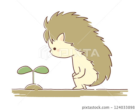 Illustration of a hedgehog looking at two leaves 124033898
