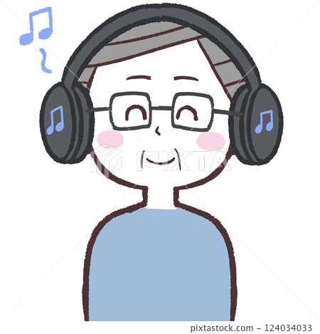 Illustration of a senior man with glasses listening to music with headphones Illustration of a senior man with glasses listening to music with headphones 124034033