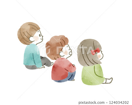 Three Children Sitting - Watercolor Three Children Sitting - Watercolor 124034202