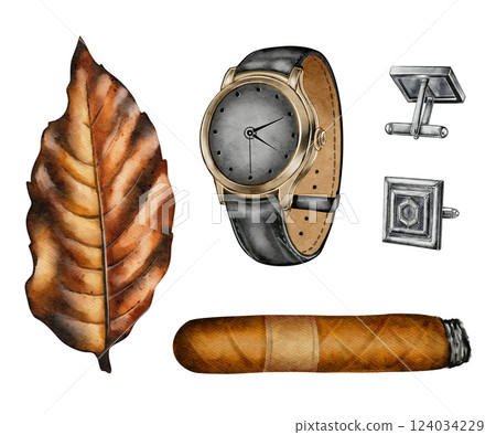 Cigar, Tobacco Leaf, Watch, and Cufflinks Watercolor Set Cigar, Tobacco Leaf, Watch, and Cufflinks Watercolor Set 124034229