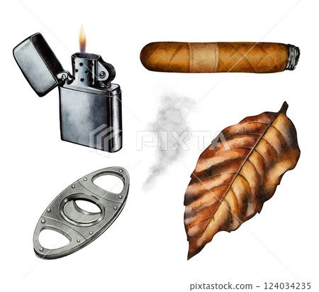 Cigar, Tobacco Leaf, Lighter, and Guillotine Watercolor Set Cigar, Tobacco Leaf, Lighter, and Guillotine Watercolor Set 124034235