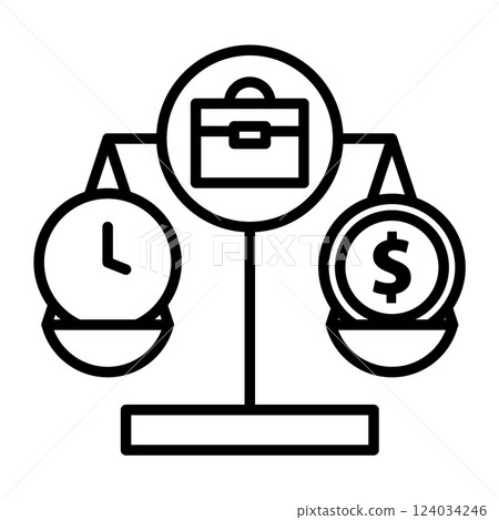An image icon of equal pay for equal work. There is time and a dollar coin on the scales. 124034246