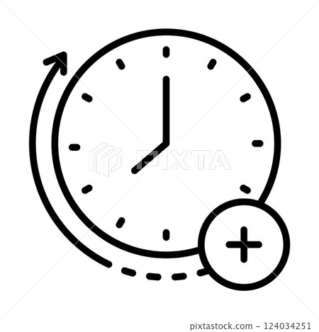 An icon showing overtime. There is a clock and an arrow indicating overtime. An icon showing overtime. There is a clock and an arrow indicating overtime. 124034251