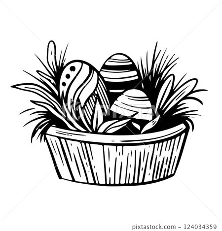 Black and White Sketch Easter Eggs in the basket. Spring holiday hand drawn illustration. Vector isolated elements. For cards, web, invitations, prints Black and White Sketch Easter Eggs in the basket. Spring holiday hand drawn illustration. Vector isolated elements. For cards, web, invitations, prints 124034359