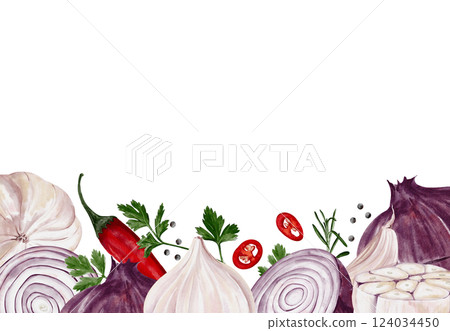 Vegetable frame. Red onion and garlic with herbs and pepper. Watercolor illustration isolated from background. Ingredients for cooking. Template for menu or brochure. High quality illustration 124034450