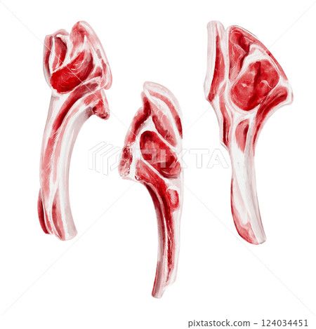 Set of meat on the bone. Different types of meat for barbecue. Lamb on the bone. Watercolor illustration isolated from the background. Raw red beef meat. For menu and recipes, for butcher shop.  124034451