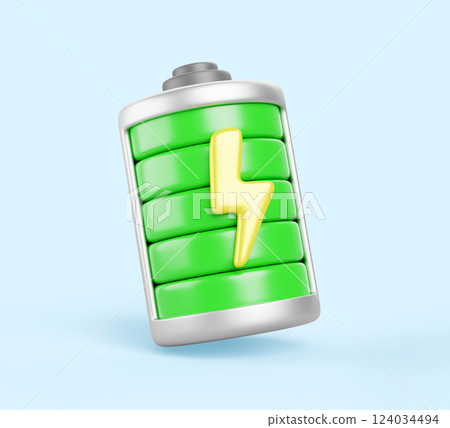 3d battery charge with full green indicator and lightning flash. Energy recharging progress of cell phone or electric car with high level. Isolated design element, cartoon render icon. 3D illustration 3d battery charge with full green indicator and lightning flash. Energy recharging progress of cell phone or electric car with high level. Isolated design element, cartoon render icon. 3D illustration 124034494