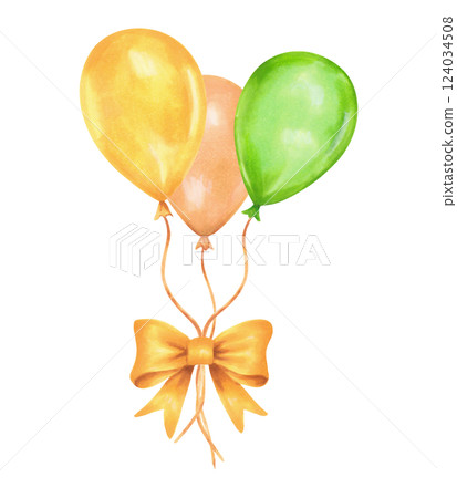 Balloon composition tied together with yellow ribbon bow. Watercolor and marker illustrations. Hand drawn isolated art. For St. Patrick's Day party, birthday, kids party, greetings, gifts. 124034508