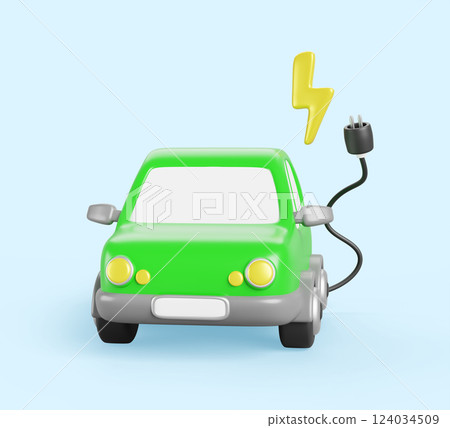 3d electric car with plug and energy flash. Green hybrid vehicle for ev charging station. Eco friendly automobile with battery render icon. Ecological transportation and technology. 3D illustration 124034509