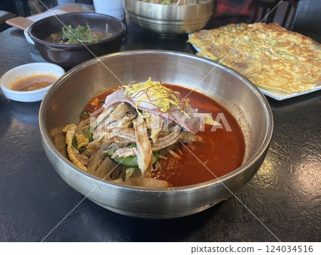 Bibim Naengmyeon (Spicy Cold Noodles)Yukjeon (Korean Beef Pancake) Bibim Naengmyeon (Spicy Cold Noodles)Yukjeon (Korean Beef Pancake) 124034516