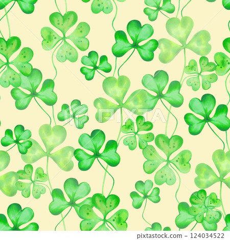 Petals of shamrock and four leaf clover. Seamless pattern. Watercolor and marker illustrations. Hand drawn Irish symbol of St. Patrick's Day. Isolated design background for packaging, fabric, textile. Petals of shamrock and four leaf clover. Seamless pattern. Watercolor and marker illustrations. Hand drawn Irish symbol of St. Patrick's Day. Isolated design background for packaging, fabric, textile. 124034522