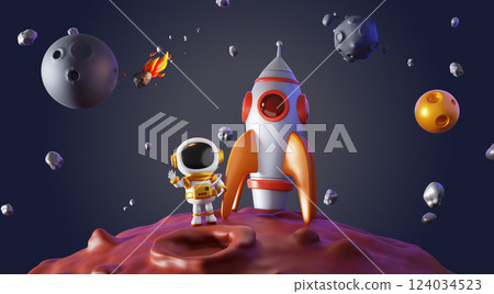 3d cute astronaut and spaceship on Mars surface. Cartoon render of spaceman in spacesuit waving in outer space. Alien planet landscape with craters, meteor, sun and moon in night sky. 3D illustration 3d cute astronaut and spaceship on Mars surface. Cartoon render of spaceman in spacesuit waving in outer space. Alien planet landscape with craters, meteor, sun and moon in night sky. 3D illustration 124034523
