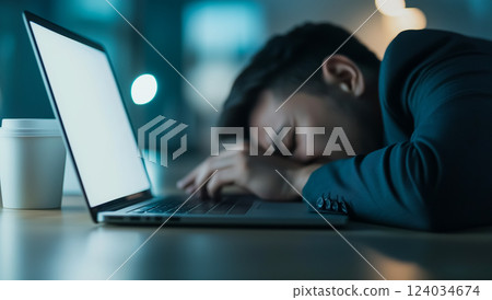 一名疲憊不堪的專業人士趴在辦公桌前,工作壓力讓他不堪負荷 一名疲憊不堪的專業人士趴在辦公桌前,工作壓力讓他不堪負荷 124034674