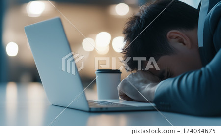 一名疲憊不堪的專業人士趴在辦公桌前,工作壓力讓他不堪負荷 一名疲憊不堪的專業人士趴在辦公桌前,工作壓力讓他不堪負荷 124034675