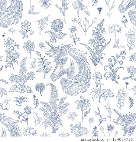 Floral and Unicorn Seamless Pattern: Elegant Vector Illustration for Fabrics, Wallpapers, and Packaging Design 124034756