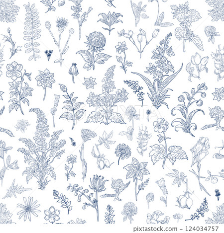 Floral Seamless Pattern: Elegant Vector Illustration for Fabrics, Wallpapers, and Packaging Design Floral Seamless Pattern: Elegant Vector Illustration for Fabrics, Wallpapers, and Packaging Design 124034757